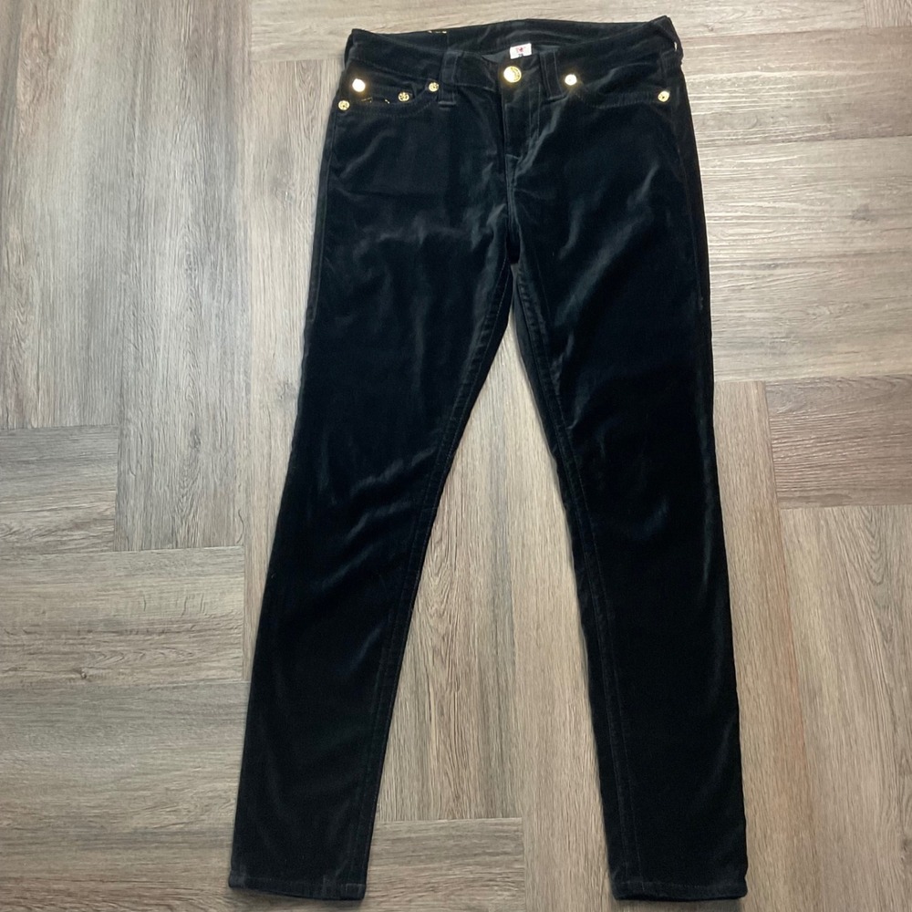 Y2K True Religion Velvet Super Skinny Jeans Womens 29 Black Gold Horseshoe Logo - Picture 3 of 11